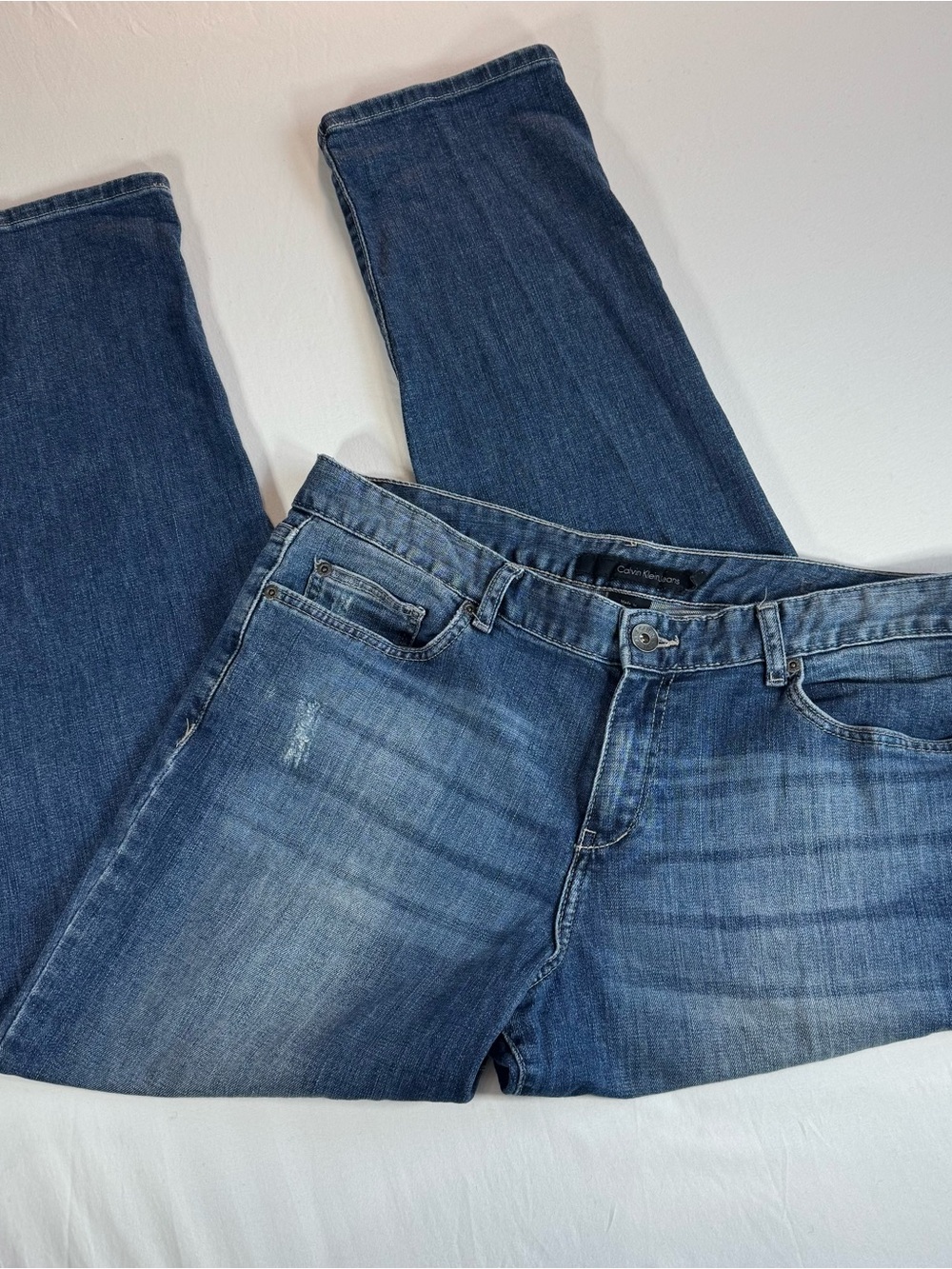 Grunge Calvin Klein Jeans Womens 32/14 Blue Distressed Straight Leg Denim